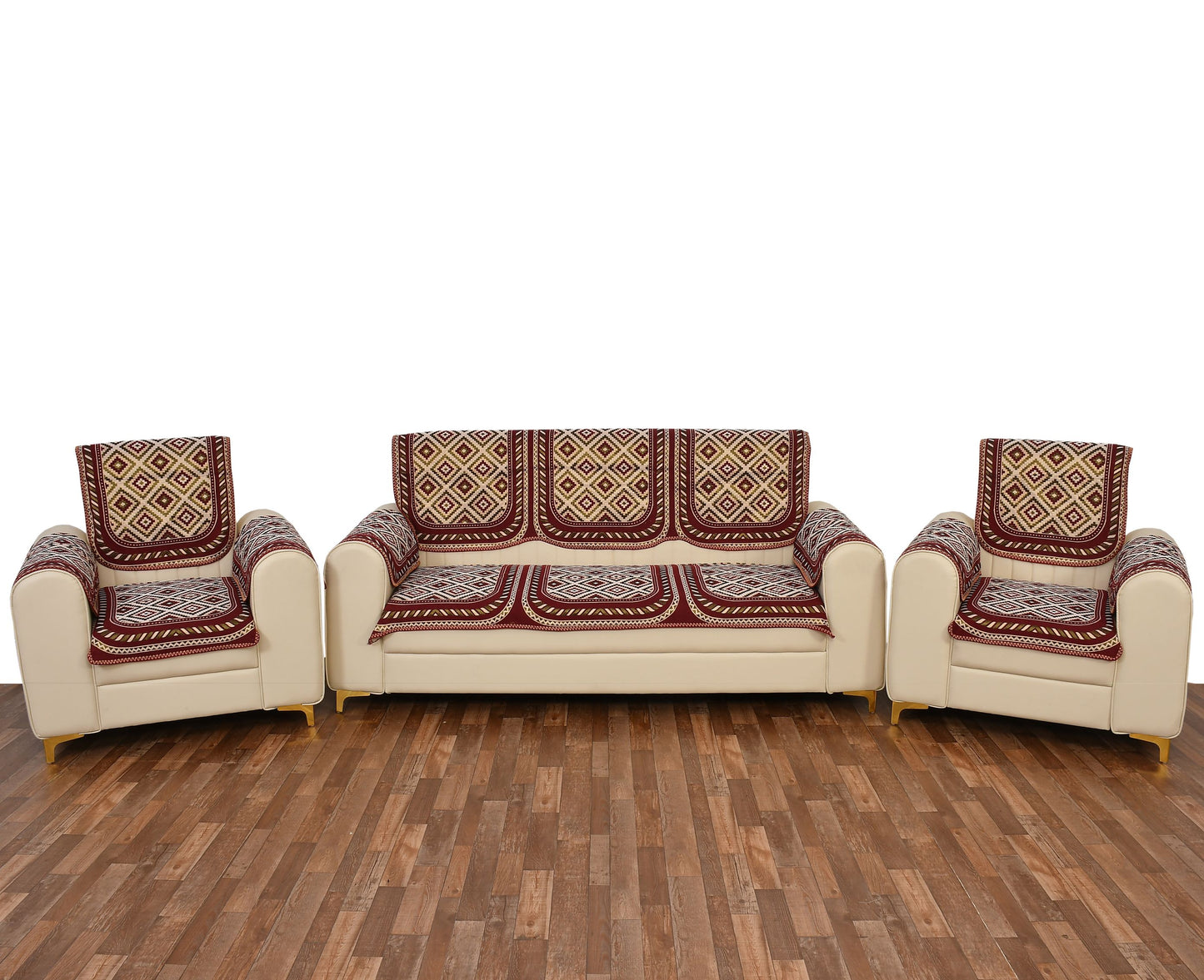 Bigger Fish Poly Cotton Net Fabric Floral Design 5 Seater Sofa Cover with 6 Pcs Arms Cover - 16 Pieces (Maroon)