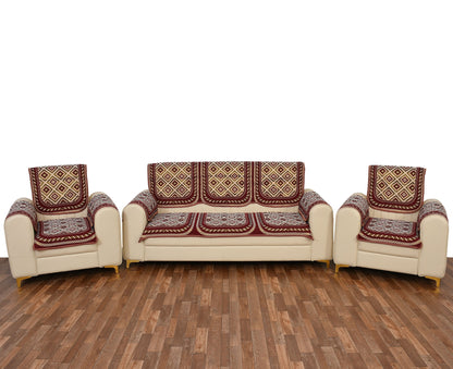 Bigger Fish Poly Cotton Net Fabric Floral Design 5 Seater Sofa Cover with 6 Pcs Arms Cover - 16 Pieces (Maroon)