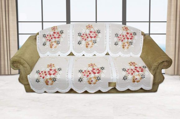 Bigger Fish Poly Cotton Net Fabric Floral Design 5 Seater Sofa Cover with 6 Pcs Arms Cover - 16 Pieces (Cream)