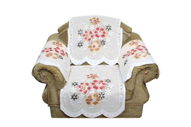 Bigger Fish Poly Cotton Net Fabric Floral Design 5 Seater Sofa Cover with 6 Pcs Arms Cover - 16 Pieces (Cream)