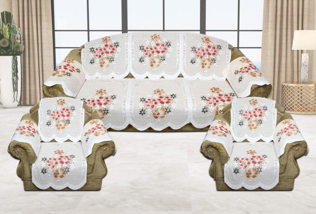 Bigger Fish Poly Cotton Net Fabric Floral Design 5 Seater Sofa Cover with 6 Pcs Arms Cover - 16 Pieces (Cream)