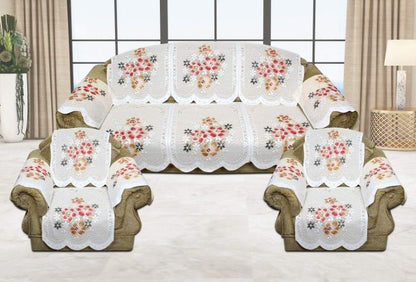 Bigger Fish Poly Cotton Net Fabric Floral Design 5 Seater Sofa Cover with 6 Pcs Arms Cover - 16 Pieces (Cream)