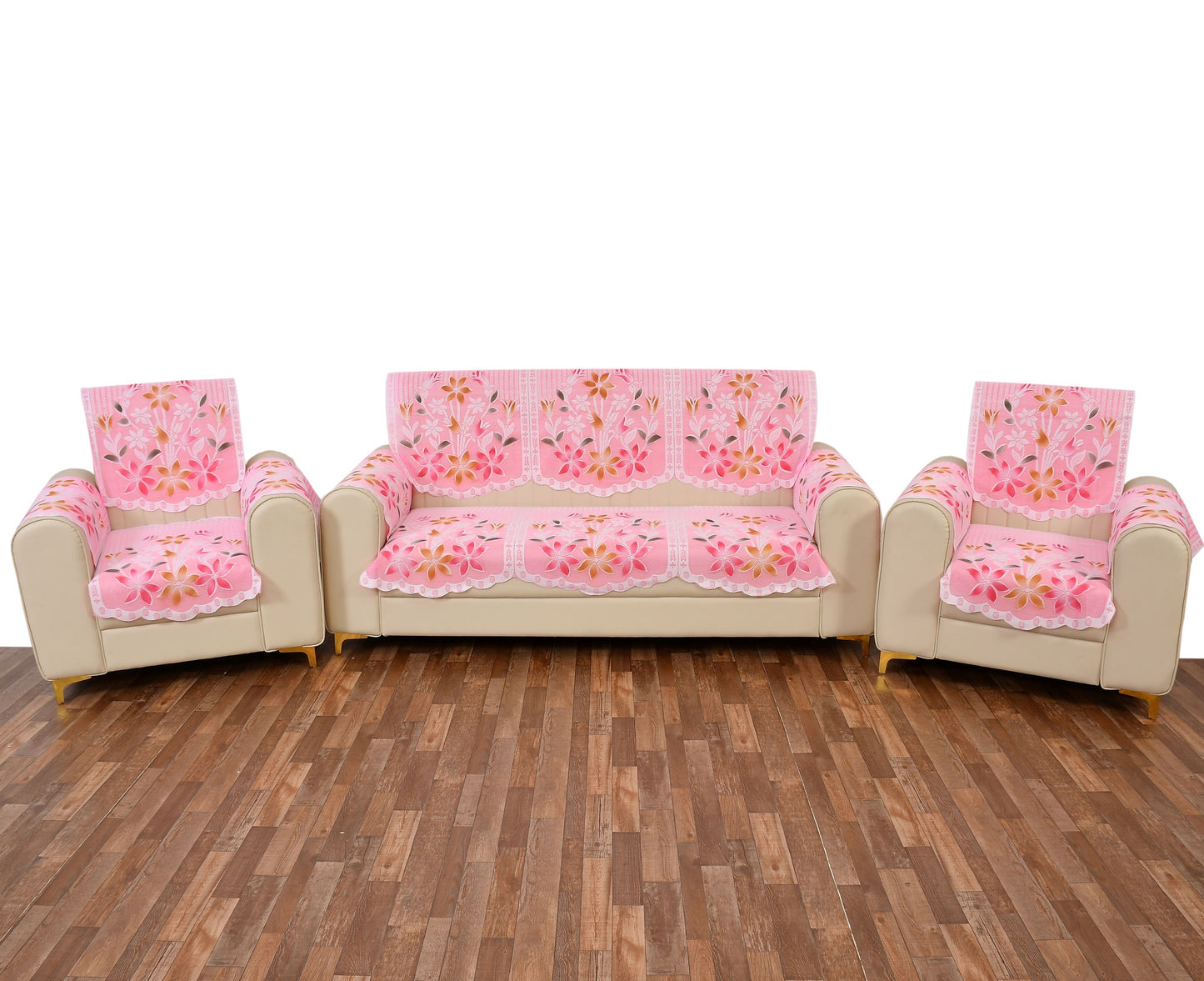 Bigger Fish Poly Cotton Net Fabric Floral Design 5 Seater Sofa Cover with 6 Pcs Arms Cover - 16 Pieces (Pink)