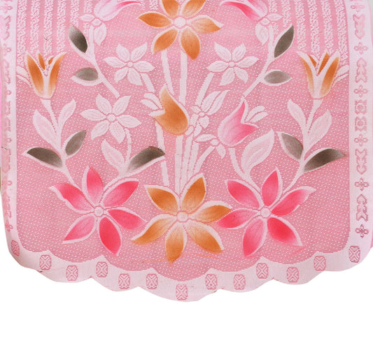 Bigger Fish Poly Cotton Net Fabric Floral Design 5 Seater Sofa Cover with 6 Pcs Arms Cover - 16 Pieces (Pink)