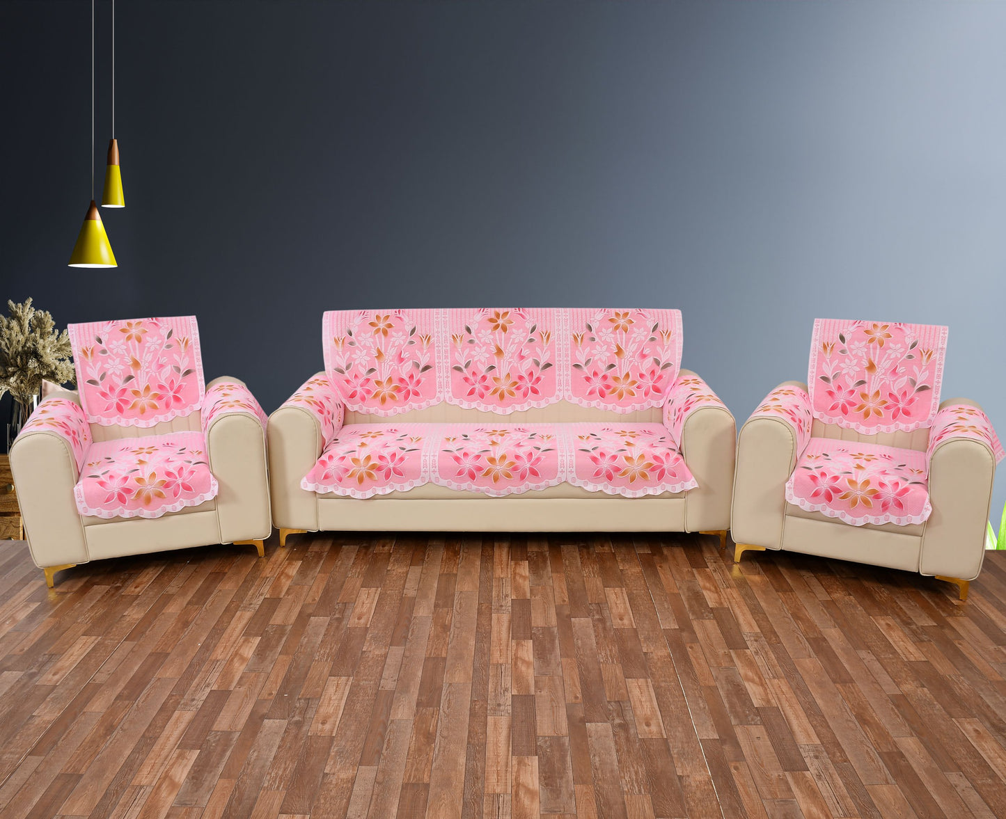 Bigger Fish Poly Cotton Net Fabric Floral Design 5 Seater Sofa Cover with 6 Pcs Arms Cover - 16 Pieces (Pink)