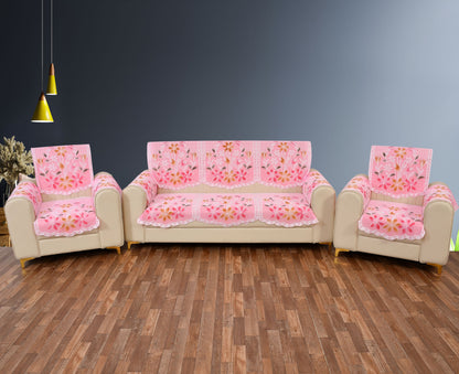 Bigger Fish Poly Cotton Net Fabric Floral Design 5 Seater Sofa Cover with 6 Pcs Arms Cover - 16 Pieces (Pink)