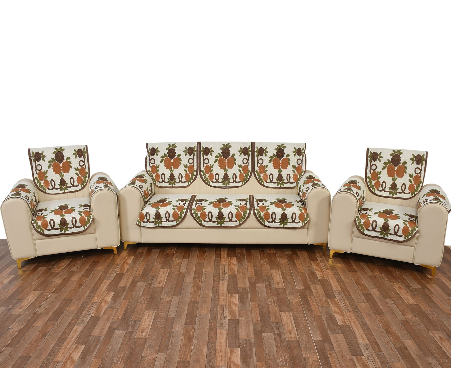 Bigger Fish Poly Cotton Net Fabric Floral Design 5 Seater Sofa Cover with 6 Pcs Arms Cover - 16 Pieces (Brown)