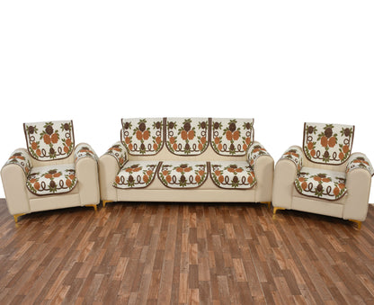 Bigger Fish Poly Cotton Net Fabric Floral Design 5 Seater Sofa Cover with 6 Pcs Arms Cover - 16 Pieces (Brown)