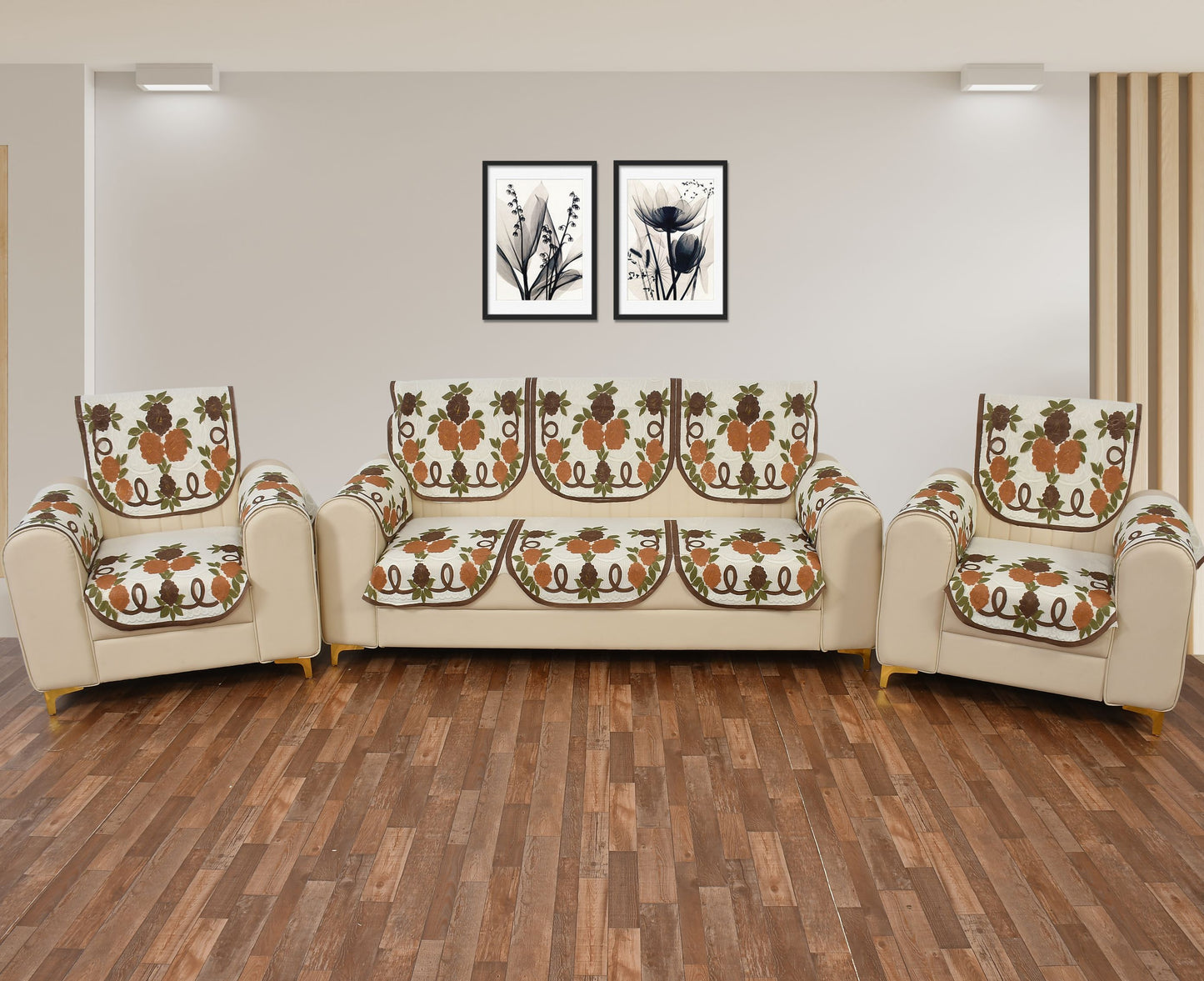 Bigger Fish Poly Cotton Net Fabric Floral Design 5 Seater Sofa Cover with 6 Pcs Arms Cover - 16 Pieces (Brown)