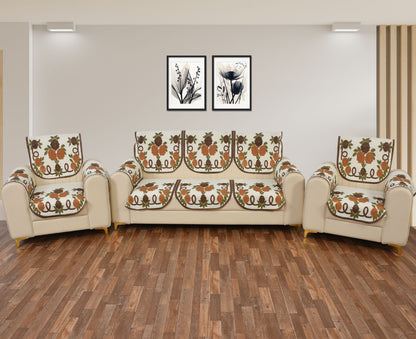 Bigger Fish Poly Cotton Net Fabric Floral Design 5 Seater Sofa Cover with 6 Pcs Arms Cover - 16 Pieces (Brown)