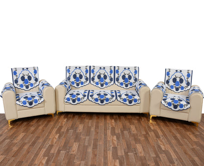 Bigger Fish Poly Cotton Net Fabric Floral Design 5 Seater Sofa Cover with 6 Pcs Arms Cover - 16 Pieces (Blue)