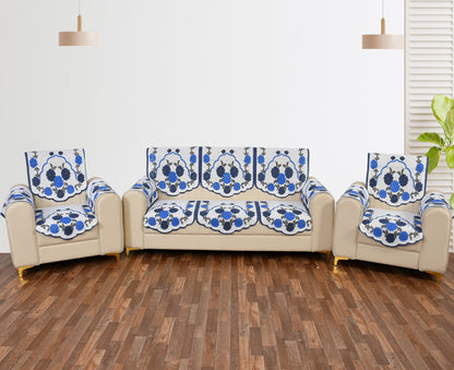 Bigger Fish Poly Cotton Net Fabric Floral Design 5 Seater Sofa Cover with 6 Pcs Arms Cover - 16 Pieces (Blue)