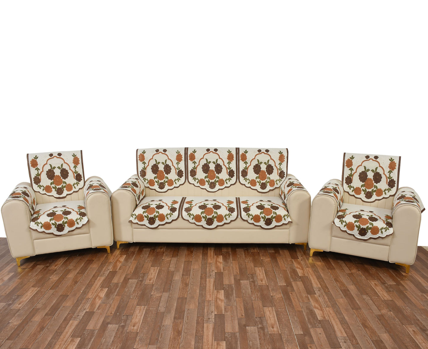 Bigger Fish Poly Cotton Net Fabric Floral Design 5 Seater Sofa Cover with 6 Pcs Arms Cover - 16 Pieces (Brown)
