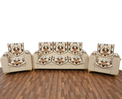 Bigger Fish Poly Cotton Net Fabric Floral Design 5 Seater Sofa Cover with 6 Pcs Arms Cover - 16 Pieces (Brown)