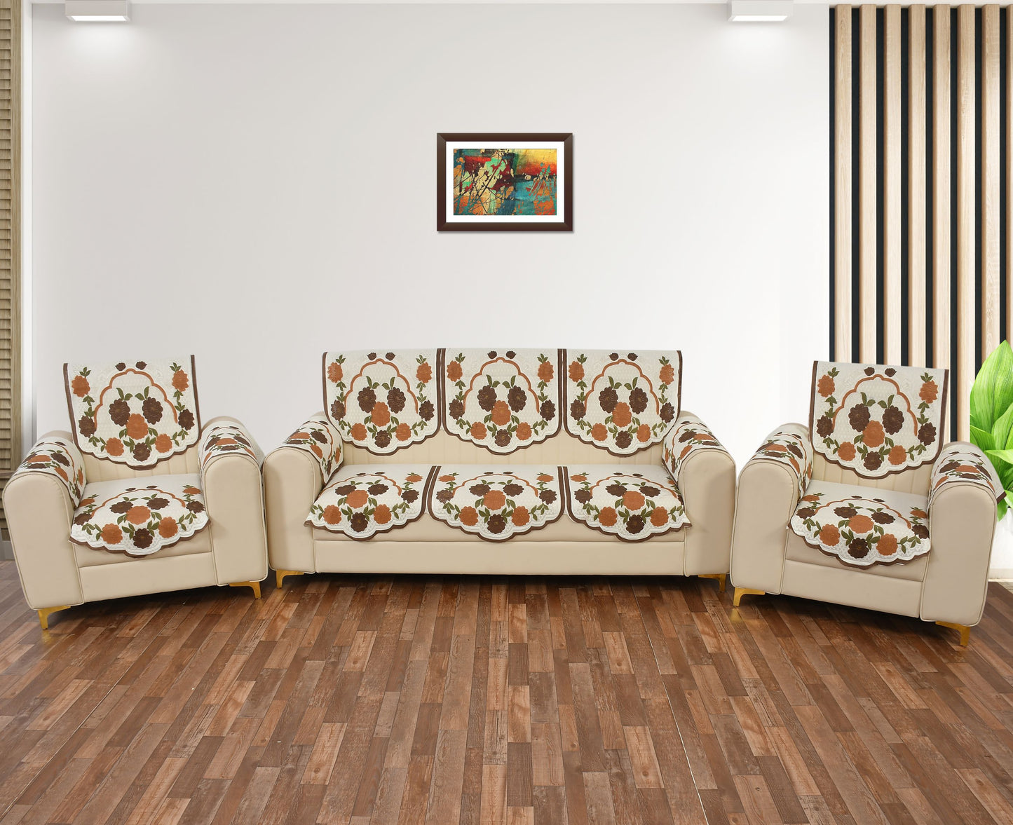 Bigger Fish Poly Cotton Net Fabric Floral Design 5 Seater Sofa Cover with 6 Pcs Arms Cover - 16 Pieces (Brown)