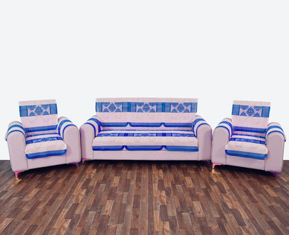 Bigger Fish Poly Cotton Net Fabric Floral Design 5 Seater Sofa Cover with 6 Pcs Arms Cover - 16 Pieces (Blue)