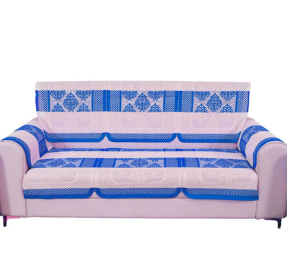 Bigger Fish Poly Cotton Net Fabric Floral Design 5 Seater Sofa Cover with 6 Pcs Arms Cover - 16 Pieces (Blue)