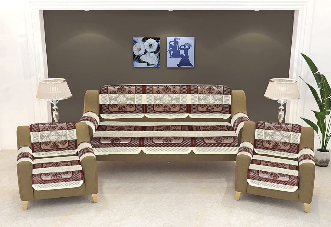 Bigger Fish Poly Cotton Net Fabric Floral Design 5 Seater Sofa Cover with 6 Pcs Arms Cover - 16 Pieces (Brown)