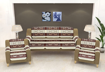 Bigger Fish Poly Cotton Net Fabric Floral Design 5 Seater Sofa Cover with 6 Pcs Arms Cover - 16 Pieces (Brown)