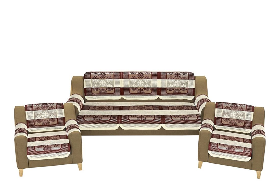 Bigger Fish Poly Cotton Net Fabric Floral Design 5 Seater Sofa Cover with 6 Pcs Arms Cover - 16 Pieces (Brown)