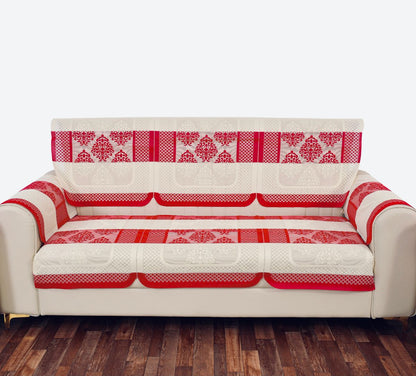 Bigger Fish Poly Cotton Net Fabric Floral Design 5 Seater Sofa Cover with 6 Pcs Arms Cover - 16 Pieces (Maroon)