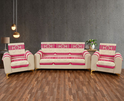 Bigger Fish Poly Cotton Net Fabric Floral Design 5 Seater Sofa Cover with 6 Pcs Arms Cover - 16 Pieces (Pink)