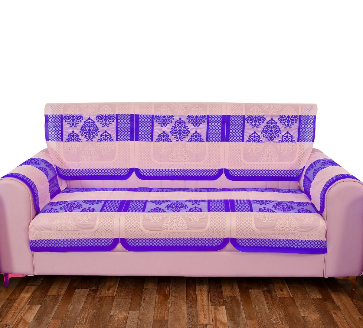 Bigger Fish Poly Cotton Net Fabric Floral Design 5 Seater Sofa Cover with 6 Pcs Arms Cover - 16 Pieces (Purple)