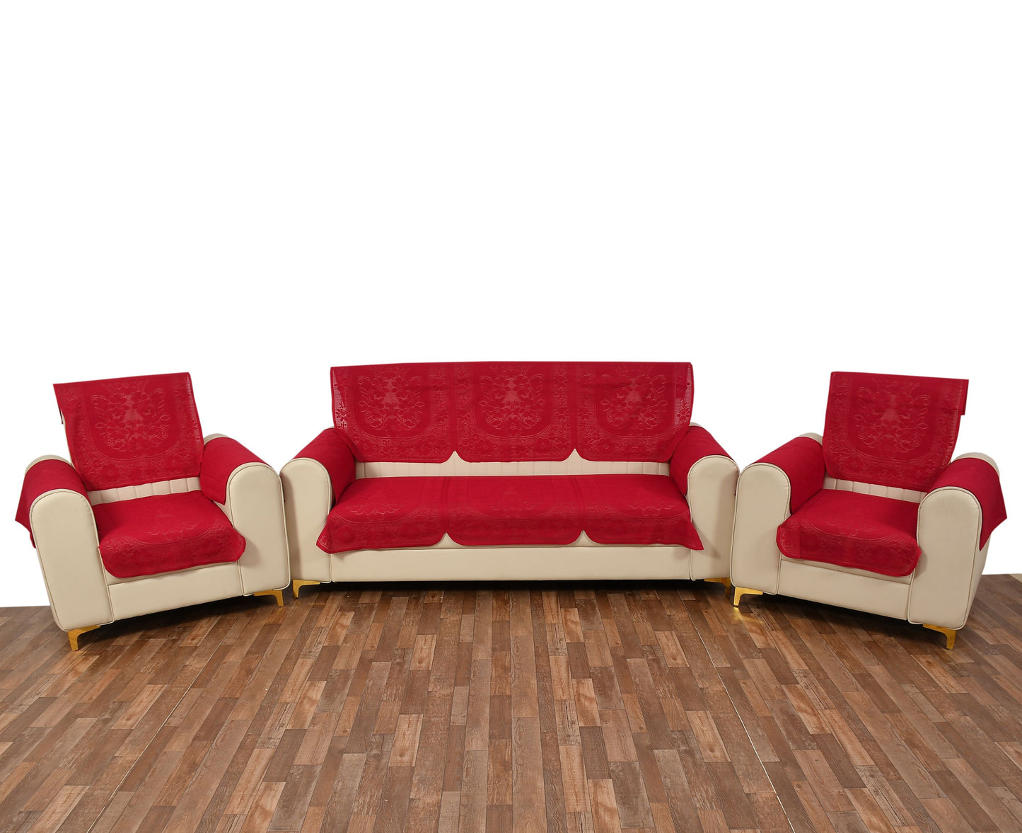 Bigger Fish Poly Cotton Net Fabric Floral Design 5 Seater Sofa Cover with 6 Pcs Arms Cover - 16 Pieces (Maroon)