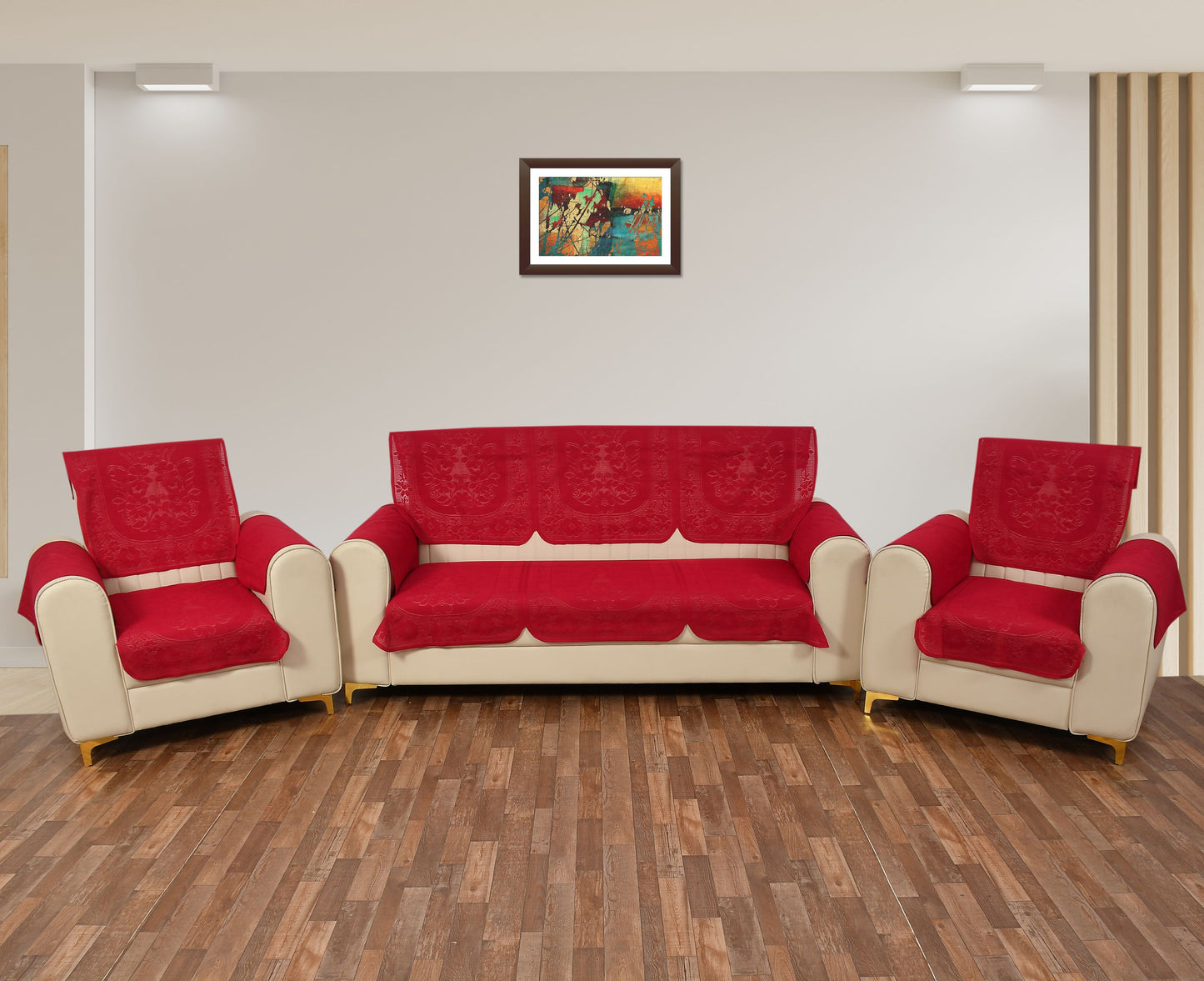 Bigger Fish Poly Cotton Net Fabric Floral Design 5 Seater Sofa Cover with 6 Pcs Arms Cover - 16 Pieces (Maroon)