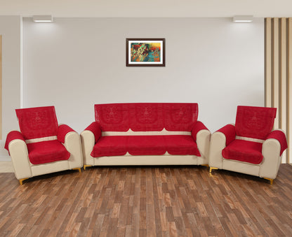 Bigger Fish Poly Cotton Net Fabric Floral Design 5 Seater Sofa Cover with 6 Pcs Arms Cover - 16 Pieces (Maroon)