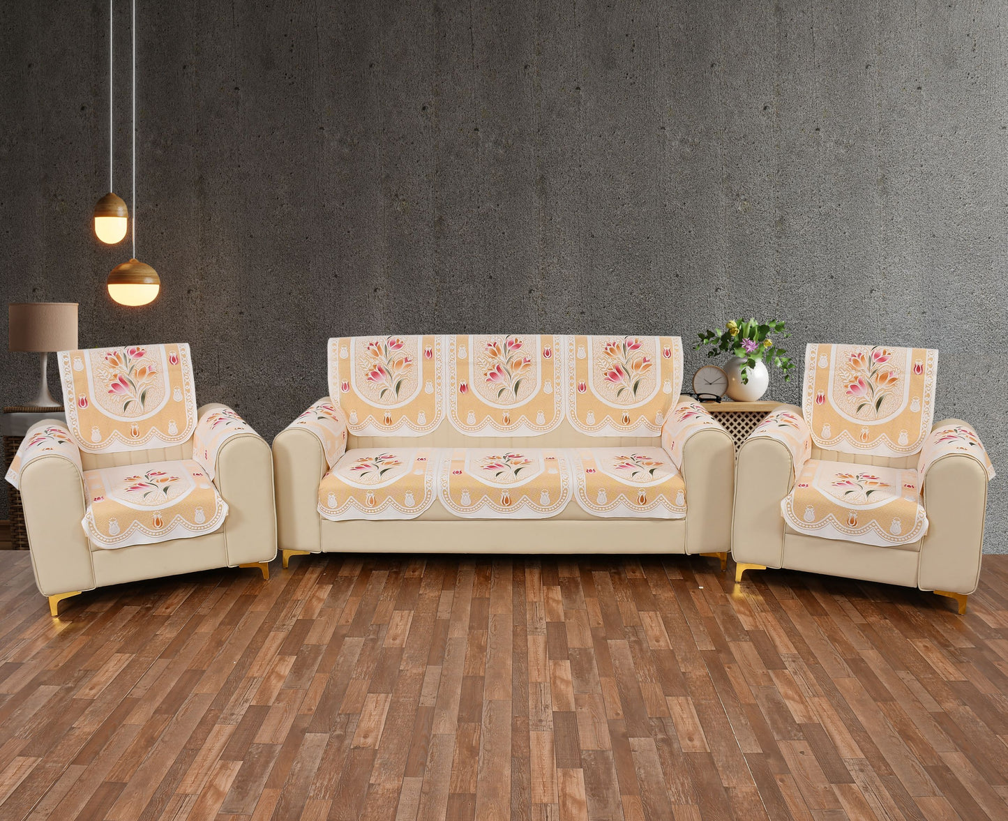 Bigger Fish Poly Cotton Net Fabric Floral Design 5 Seater Sofa Cover with 6 Pcs Arms Cover - 16 Pieces (Cream)