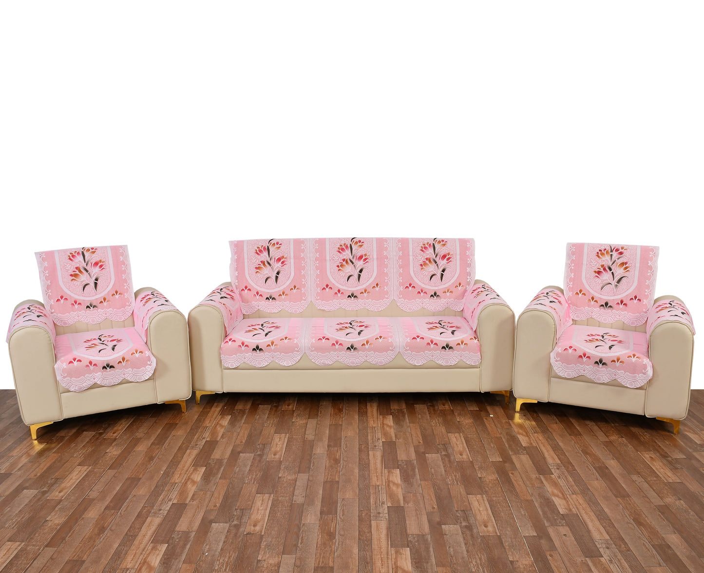 Bigger Fish Poly Cotton Net Fabric Floral Design 5 Seater Sofa Cover with 6 Pcs Arms Cover - 16 Pieces (Pink)
