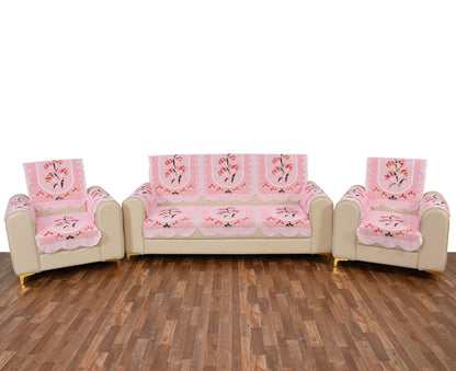 Bigger Fish Poly Cotton Net Fabric Floral Design 5 Seater Sofa Cover with 6 Pcs Arms Cover - 16 Pieces (Pink)