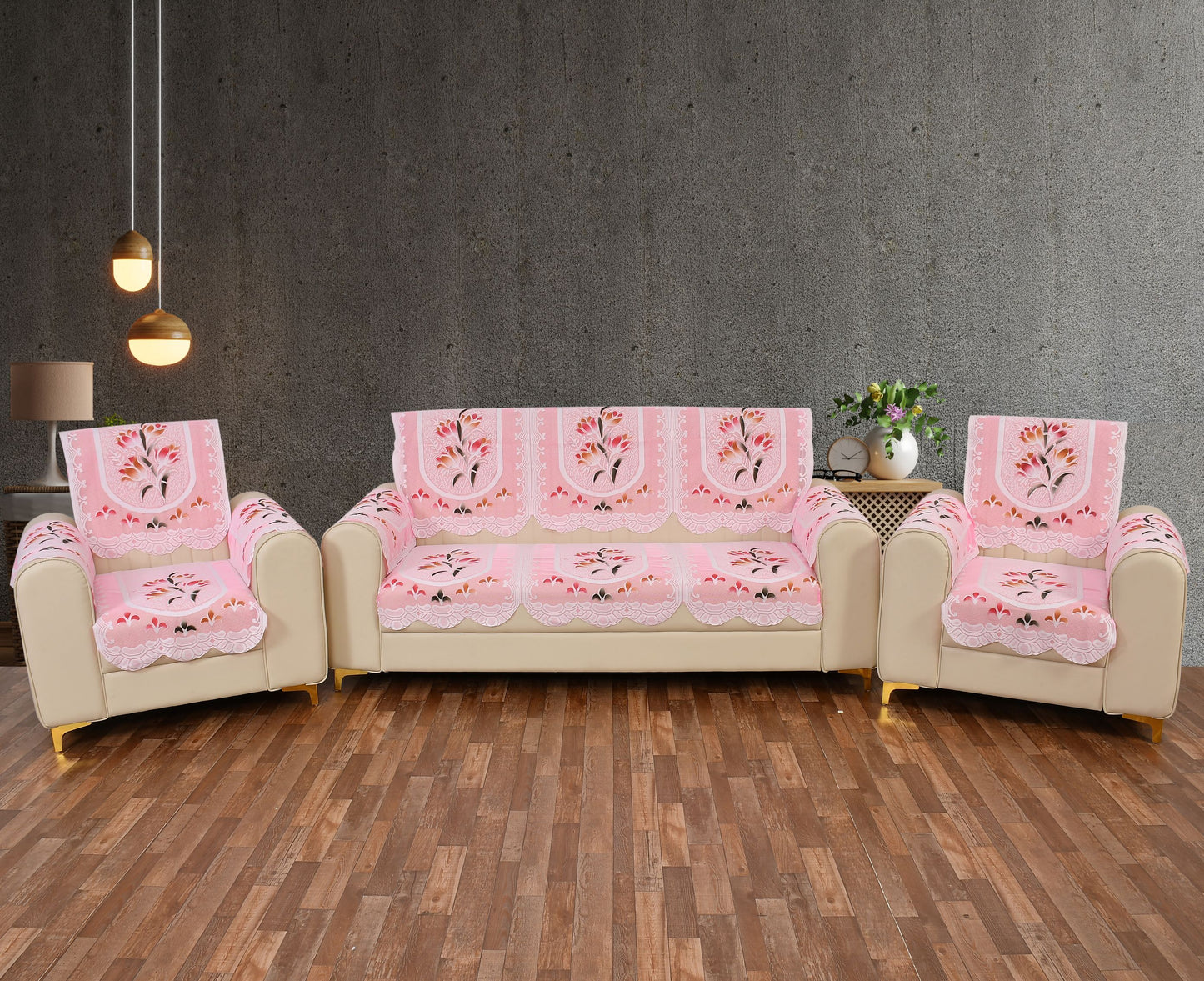 Bigger Fish Poly Cotton Net Fabric Floral Design 5 Seater Sofa Cover with 6 Pcs Arms Cover - 16 Pieces (Pink)
