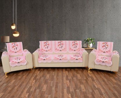 Bigger Fish Poly Cotton Net Fabric Floral Design 5 Seater Sofa Cover with 6 Pcs Arms Cover - 16 Pieces (Pink)