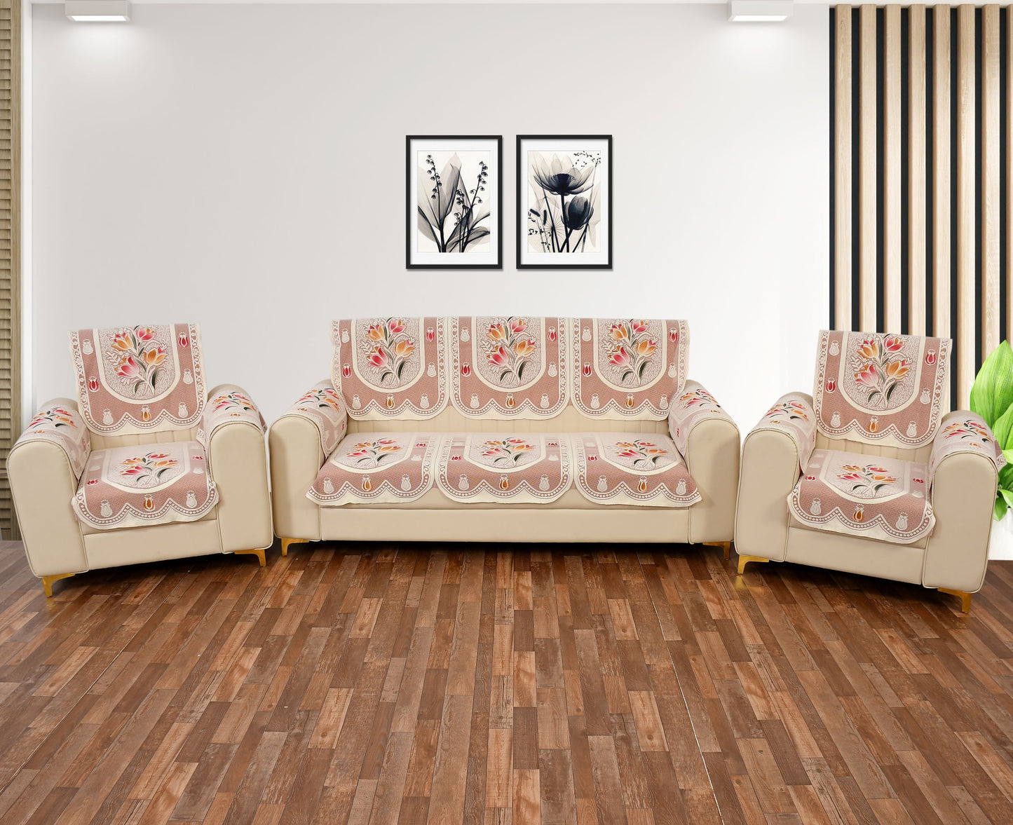 Bigger Fish Poly Cotton Net Fabric Floral Design 5 Seater Sofa Cover with 6 Pcs Arms Cover - 16 Pieces (Rust)