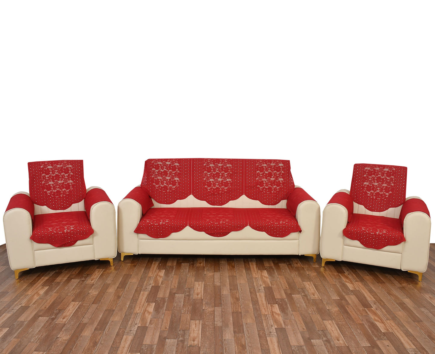 Bigger Fish Poly Cotton Net Fabric Floral Design 5 Seater Sofa Cover with 6 Pcs Arms Cover - 16 Pieces (Maroon)