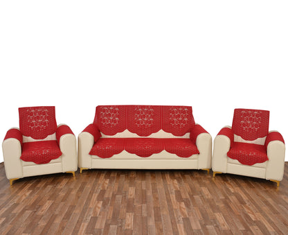 Bigger Fish Poly Cotton Net Fabric Floral Design 5 Seater Sofa Cover with 6 Pcs Arms Cover - 16 Pieces (Maroon)
