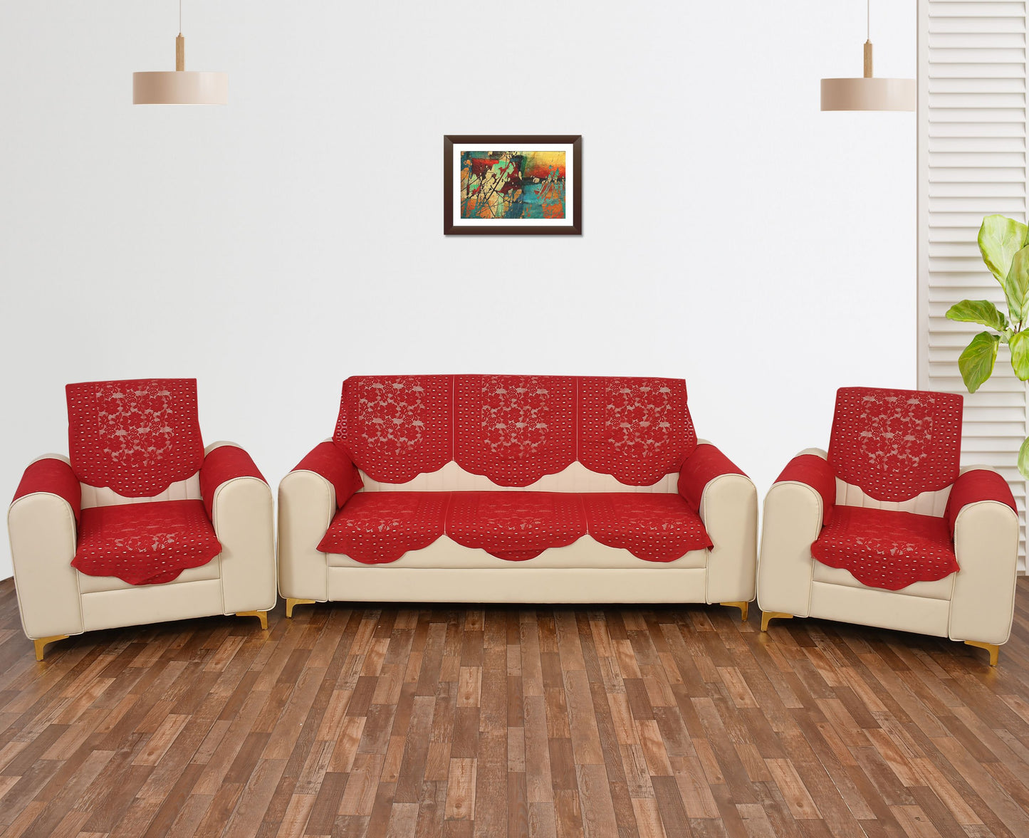 Bigger Fish Poly Cotton Net Fabric Floral Design 5 Seater Sofa Cover with 6 Pcs Arms Cover - 16 Pieces (Maroon)