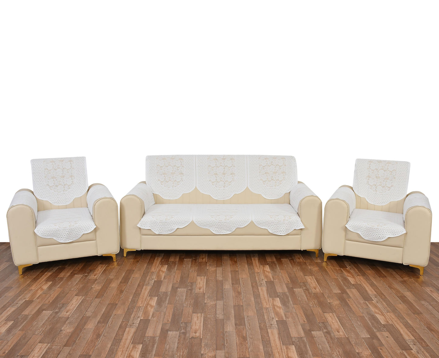 Bigger Fish Poly Cotton Net Fabric Floral Design 5 Seater Sofa Cover with 6 Pcs Arms Cover - 16 Pieces (White)