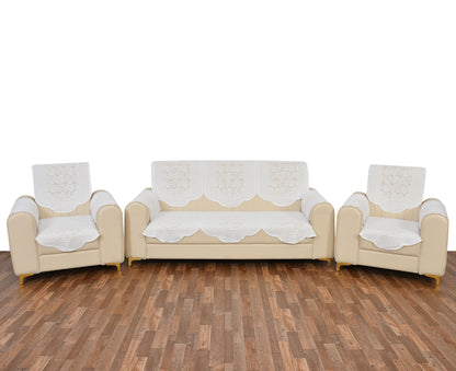 Bigger Fish Poly Cotton Net Fabric Floral Design 5 Seater Sofa Cover with 6 Pcs Arms Cover - 16 Pieces (White)