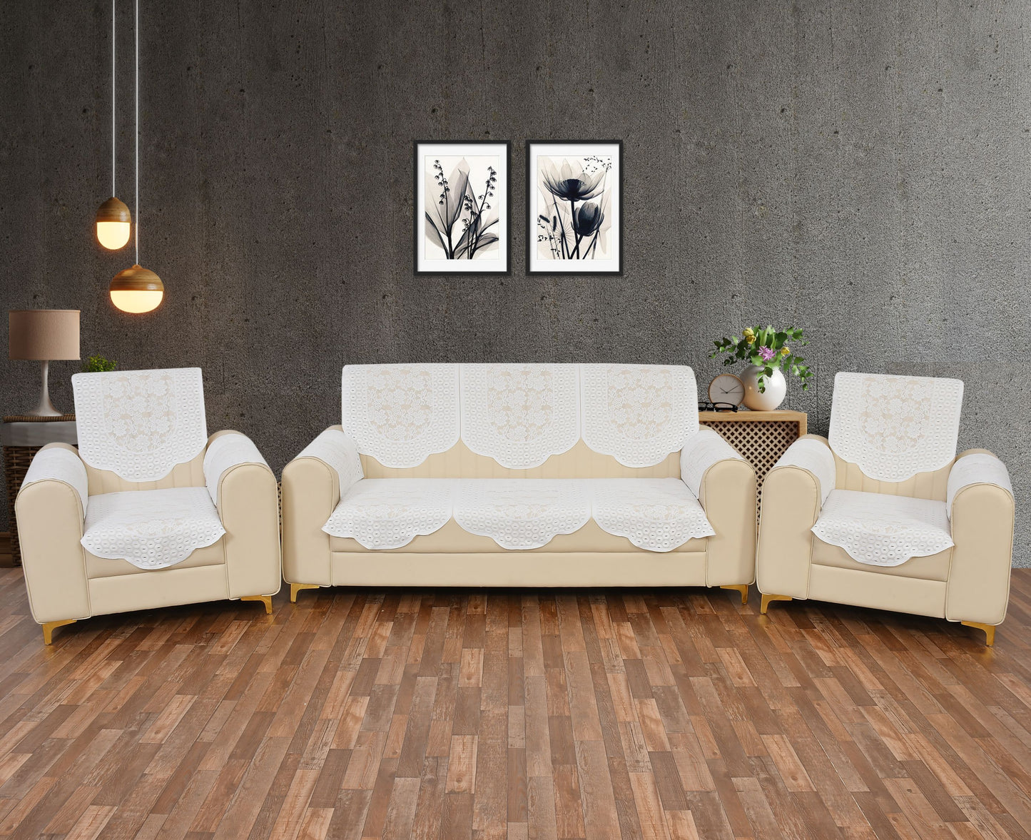 Bigger Fish Poly Cotton Net Fabric Floral Design 5 Seater Sofa Cover with 6 Pcs Arms Cover - 16 Pieces (White)
