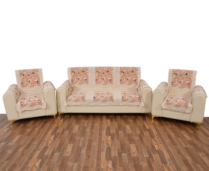 Bigger Fish Poly Cotton Net Fabric Floral Design 5 Seater Sofa Cover with 6 Pcs Arms Cover - 16 Pieces (Rust)