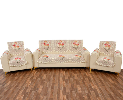 Bigger Fish Poly Cotton Net Fabric Floral Design 5 Seater Sofa Cover with 6 Pcs Arms Cover - 16 Pieces (Rust)