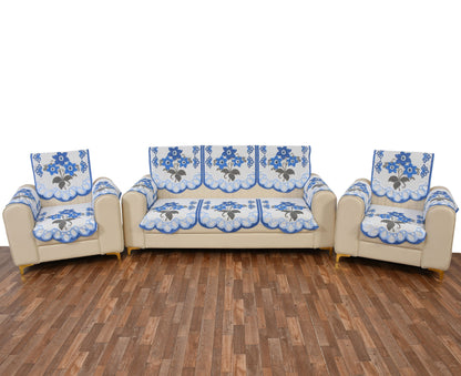 Bigger Fish Poly Cotton Net Fabric Floral Design 5 Seater Sofa Cover with 6 Pcs Arms Cover - 16 Pieces (Blue)