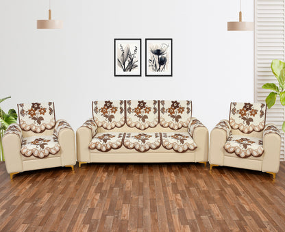 Bigger Fish Poly Cotton Net Fabric Floral Design 5 Seater Sofa Cover with 6 Pcs Arms Cover - 16 Pieces (Brown)