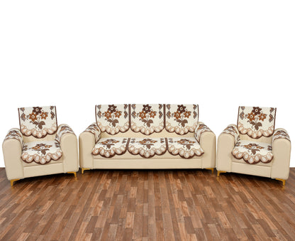 Bigger Fish Poly Cotton Net Fabric Floral Design 5 Seater Sofa Cover with 6 Pcs Arms Cover - 16 Pieces (Brown)