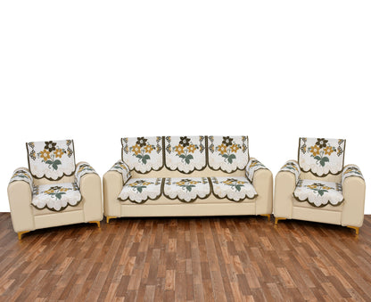 Bigger Fish Poly Cotton Net Fabric Floral Design 5 Seater Sofa Cover with 6 Pcs Arms Cover - 16 Pieces (Green)