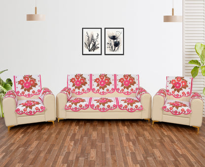 Bigger Fish Poly Cotton Net Fabric Floral Design 5 Seater Sofa Cover with 6 Pcs Arms Cover - 16 Pieces (Pink)