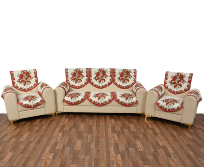 Bigger Fish Poly Cotton Net Fabric Floral Design 5 Seater Sofa Cover with 6 Pcs Arms Cover - 16 Pieces (Maroon)